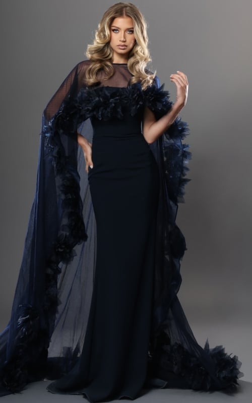 navy sheer cape gown with 3d floral trim