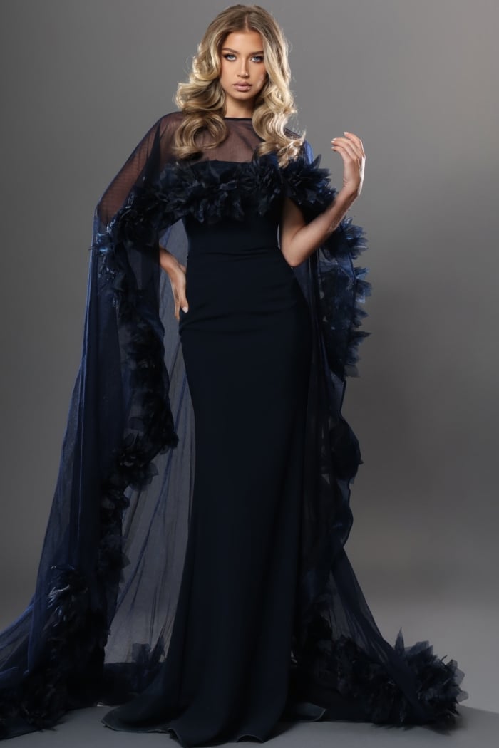 navy sheer cape gown with 3d floral trim