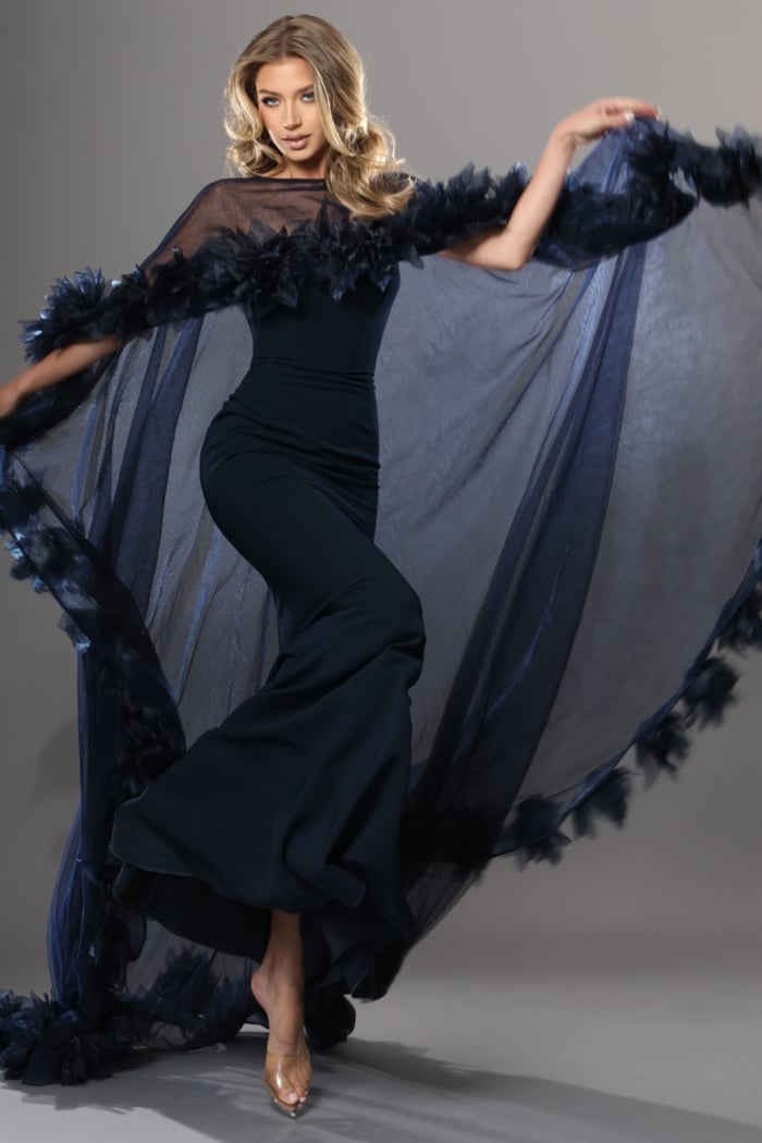 navy sheer cape gown with 3d floral trim
