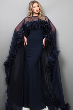 navy sheer cape gown with 3d floral trim