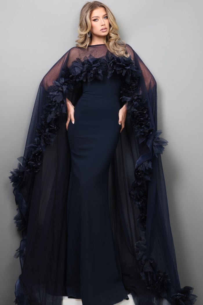 navy sheer cape gown with 3d floral trim
