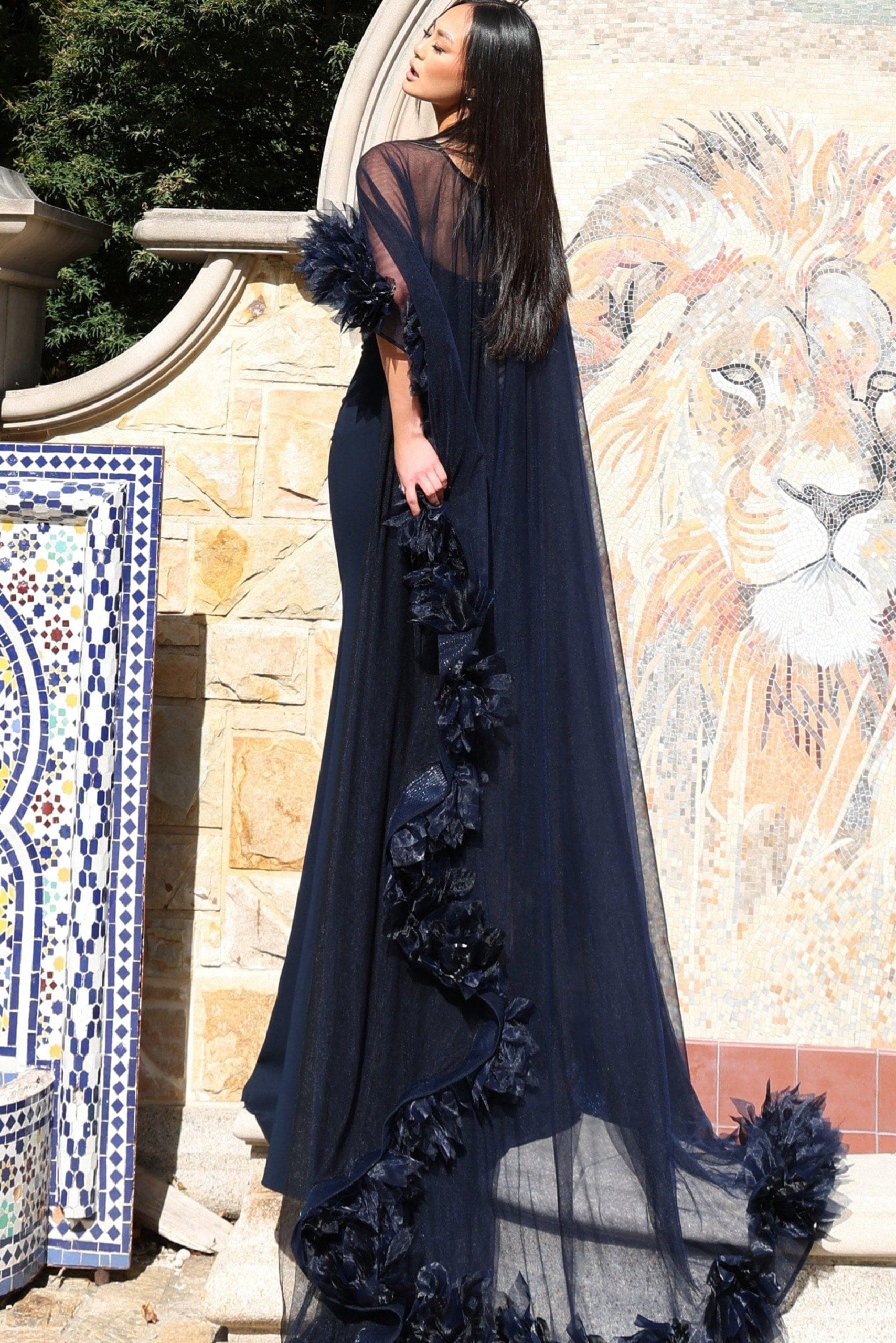 Navy Sheer Cape Gown With 3D Floral Trim 44321 | Jovani