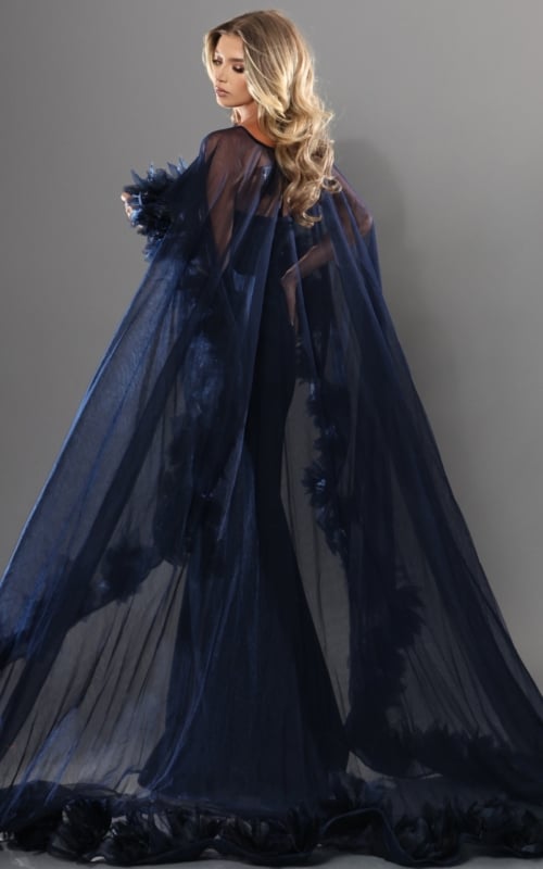navy sheer cape gown with 3d floral trim