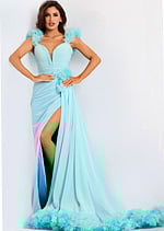 Aqua gown with floral shoulder accents and slit