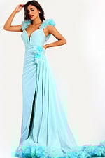 Aqua chiffon gown with ruched bodice and dramatic train