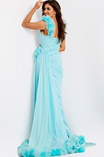 aqua evening gown with floral shoulder details
