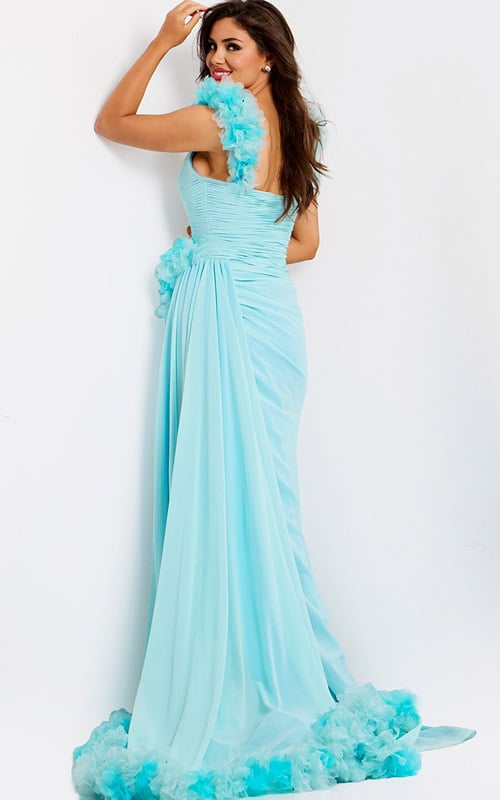 aqua evening gown with floral shoulder details