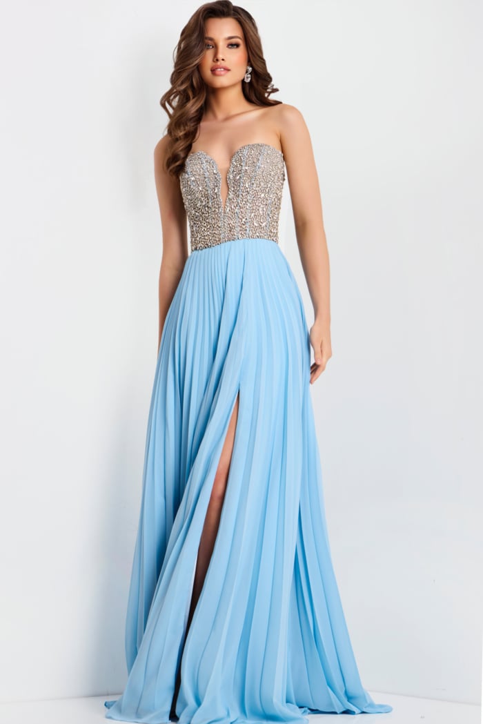 Light blue pleated skirt formal dress 44358