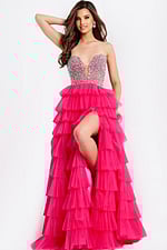 Hot pink tiered tulle prom dress with beaded corset top