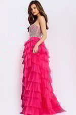 Beaded corset pink prom dress with thigh slit