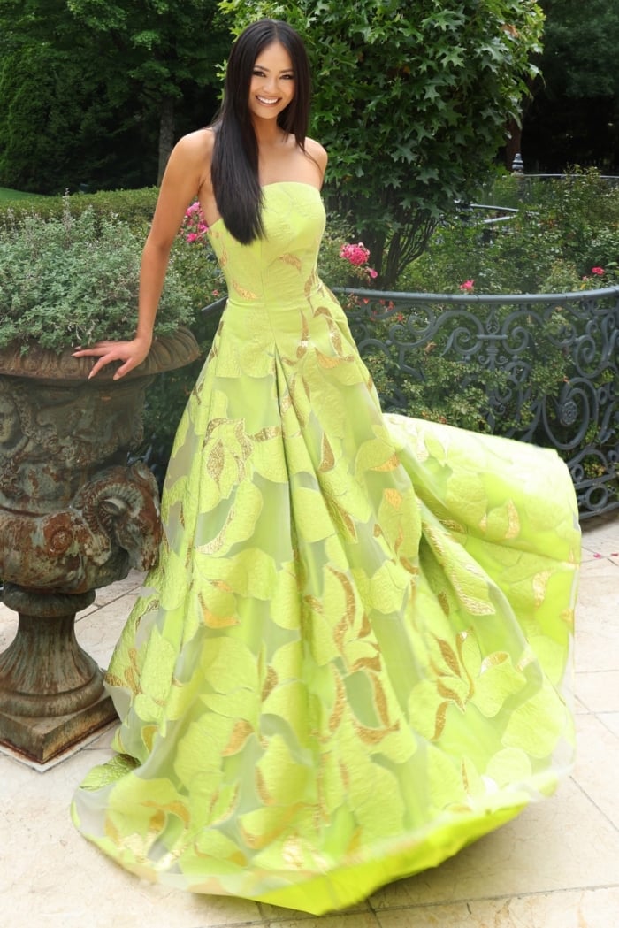 Strapless metallic jacquard ball gown