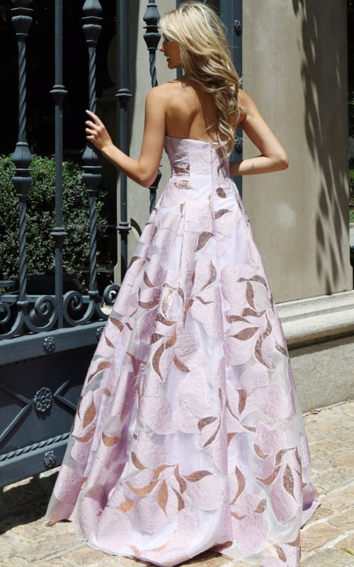 Floor-length lilac floral gown with a full A-line skirt.