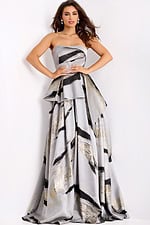 Strapless silver ball gown with black and gold abstract print