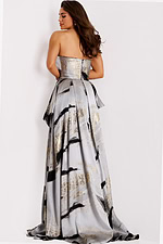 Formal gown with bold brushstroke patterns and structured silhouette