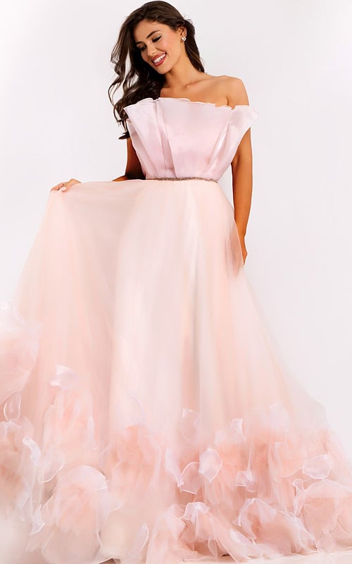Romantic evening gown with strapless neckline and ruffled details