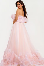 Strapless ball gown with ruffled bodice and floral hemline