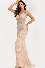 Floor length evening gown with V-neckline and ruffled shoulder detail