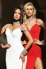 Fitted evening dress featuring jeweled cuffs and strappy shoulders