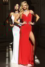 Elegant formal gowns with jeweled chokers and thigh-high slits