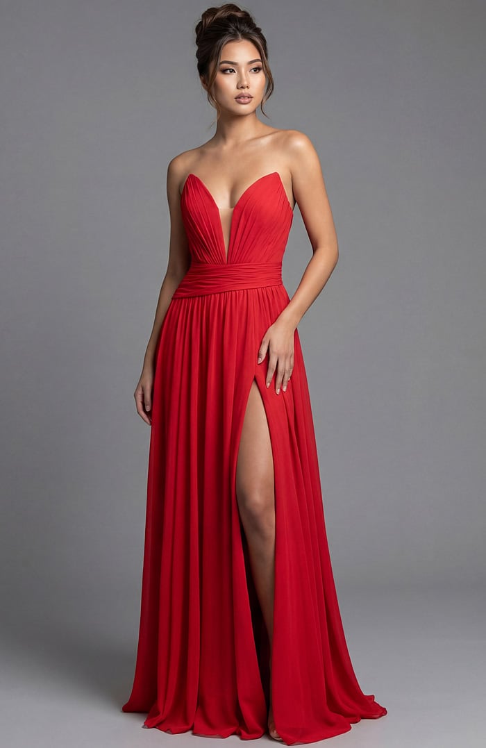 red chiffon ruched bodice dress 44405