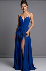 strapless royal blue high slit ruched dress 44405
