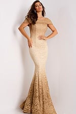 Off-the-shoulder gold lace mermaid gown front view