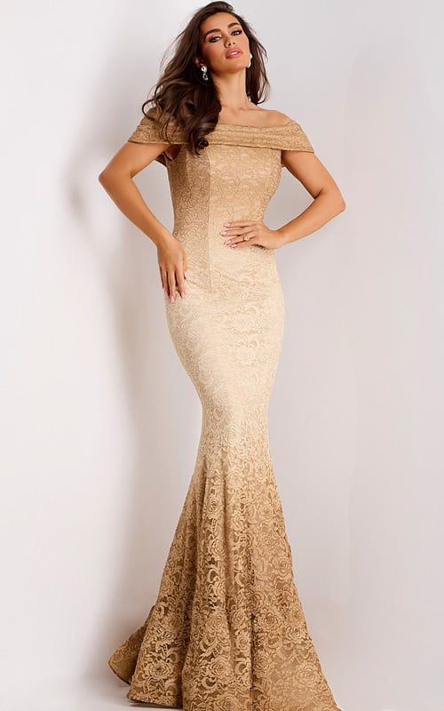 Off-the-shoulder gold lace mermaid gown front view