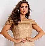 Elegant gold lace evening dress close-up neckline