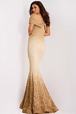 Gold lace mermaid gown back view with soft draping