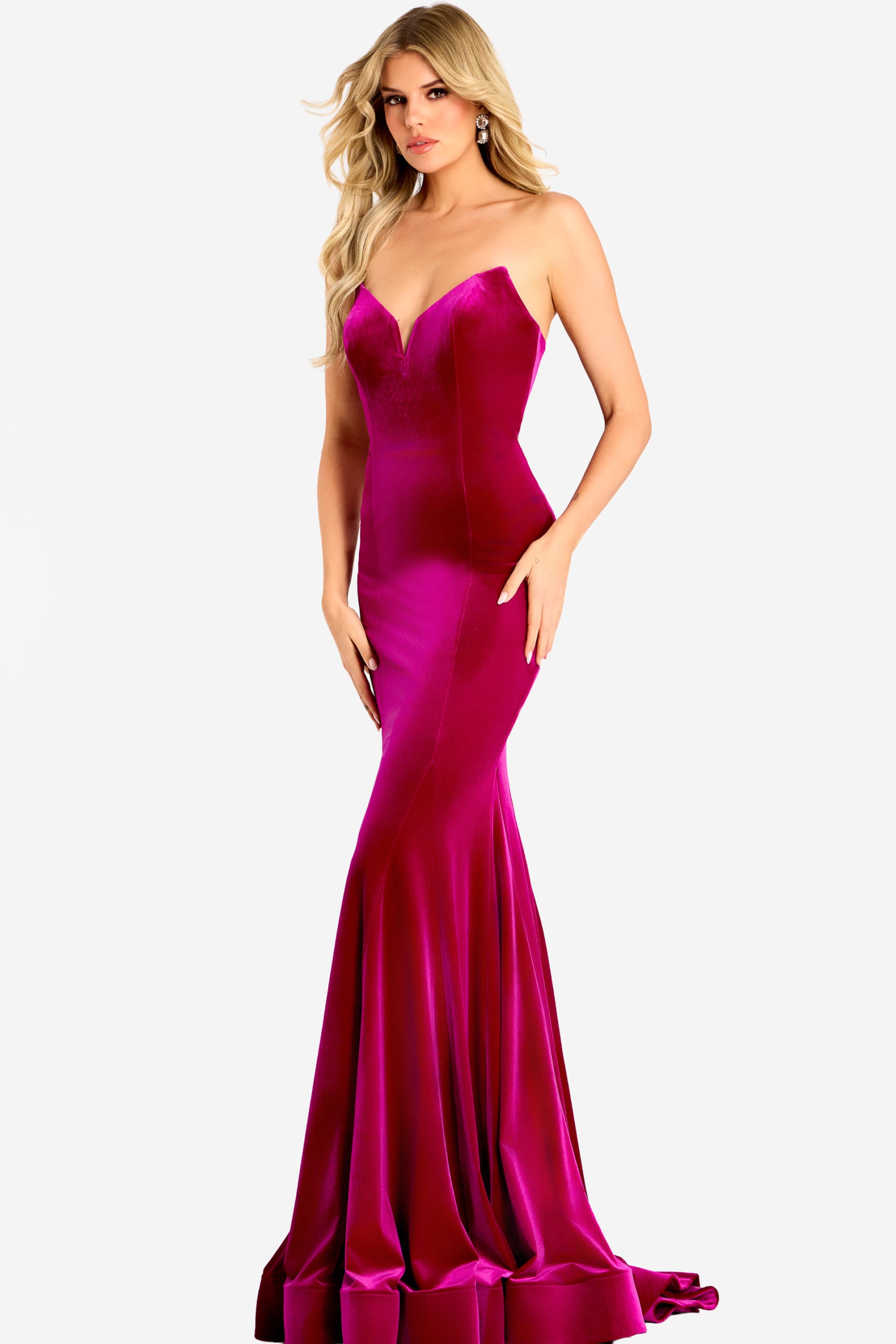 Fitted velvet evening gown with floor-length flared hem