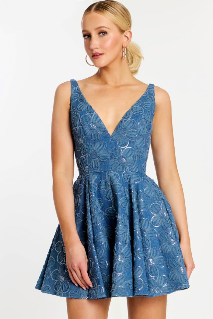 Front view of denim-textured mini dress with floral embroidery and plunging neckline