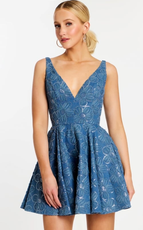 Front view of denim-textured mini dress with floral embroidery and plunging neckline