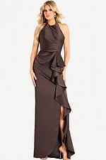 Halter satin gown with cascading ruffle and side slit