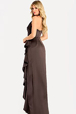 Brown satin evening gown featuring halter neckline and draped detailing