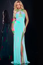 model wearing Jovani 44496 with mint A-line halter dress front view