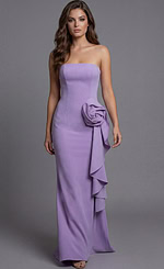 Lavender strapless fitted evening dress by Jovani, style 44503, featuring a sculptural rosette detail at the hip with cascading ruffle accent.