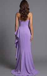 Jovani 43401 lilac one-shoulder mermaid evening gown with twisted strap detail, asymmetric pleated bodice, and sweeping train.