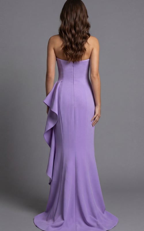 Jovani 43401 lilac one-shoulder mermaid evening gown with twisted strap detail, asymmetric pleated bodice, and sweeping train.