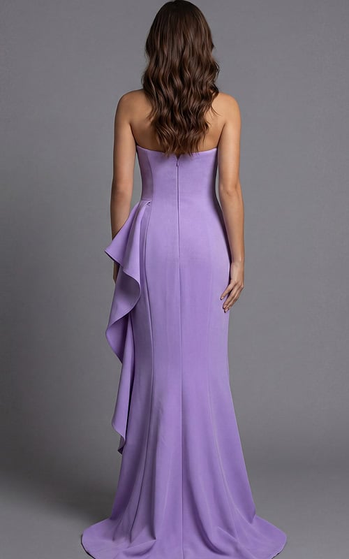 Jovani 43401 lilac one-shoulder mermaid evening gown with twisted strap detail, asymmetric pleated bodice, and sweeping train.