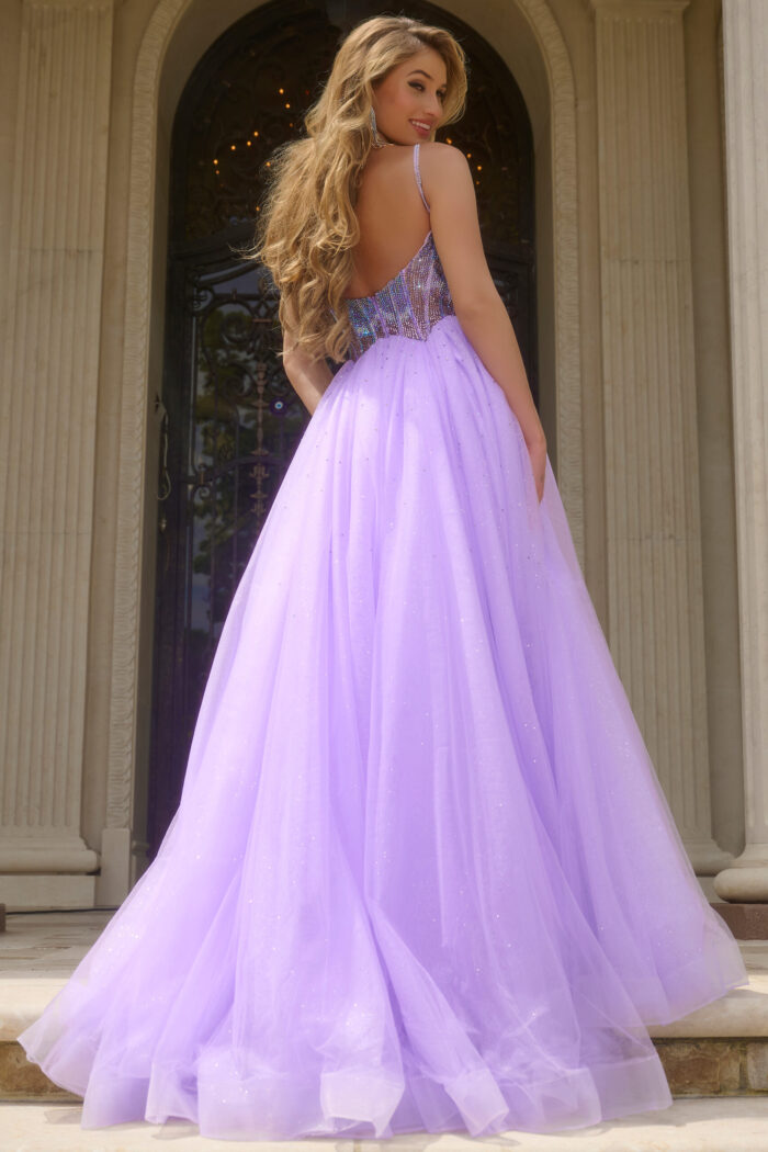 Back view of Jovani 44511 lilac gown showing low back detail.