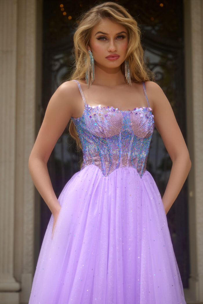Close-up of Jovani 44511 lilac gown with detailed bodice.