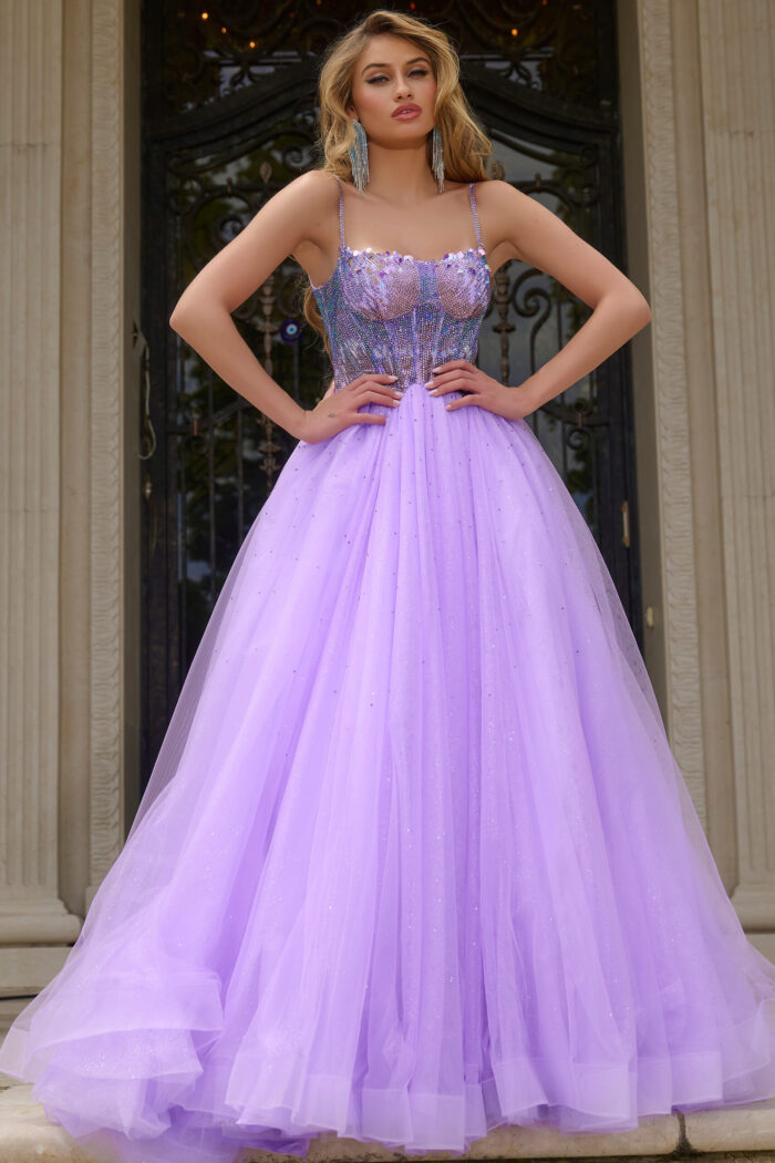 Full view of Jovani 44511 lilac gown with voluminous skirt.