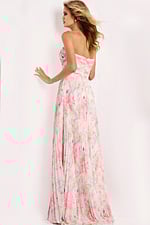 Pink sweetheart gown with keyhole bodice and flowy layers