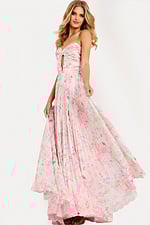Floral strapless prom dress with pleated skirt and slit