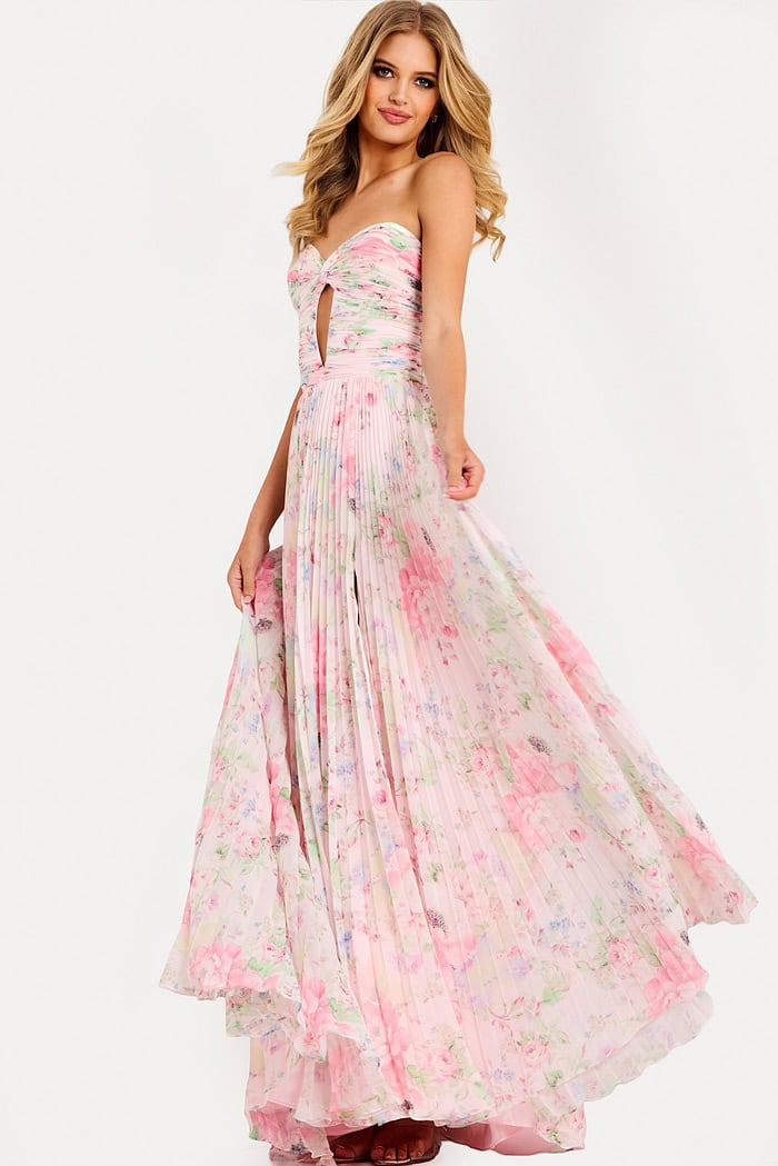 Floral strapless prom dress with pleated skirt and slit