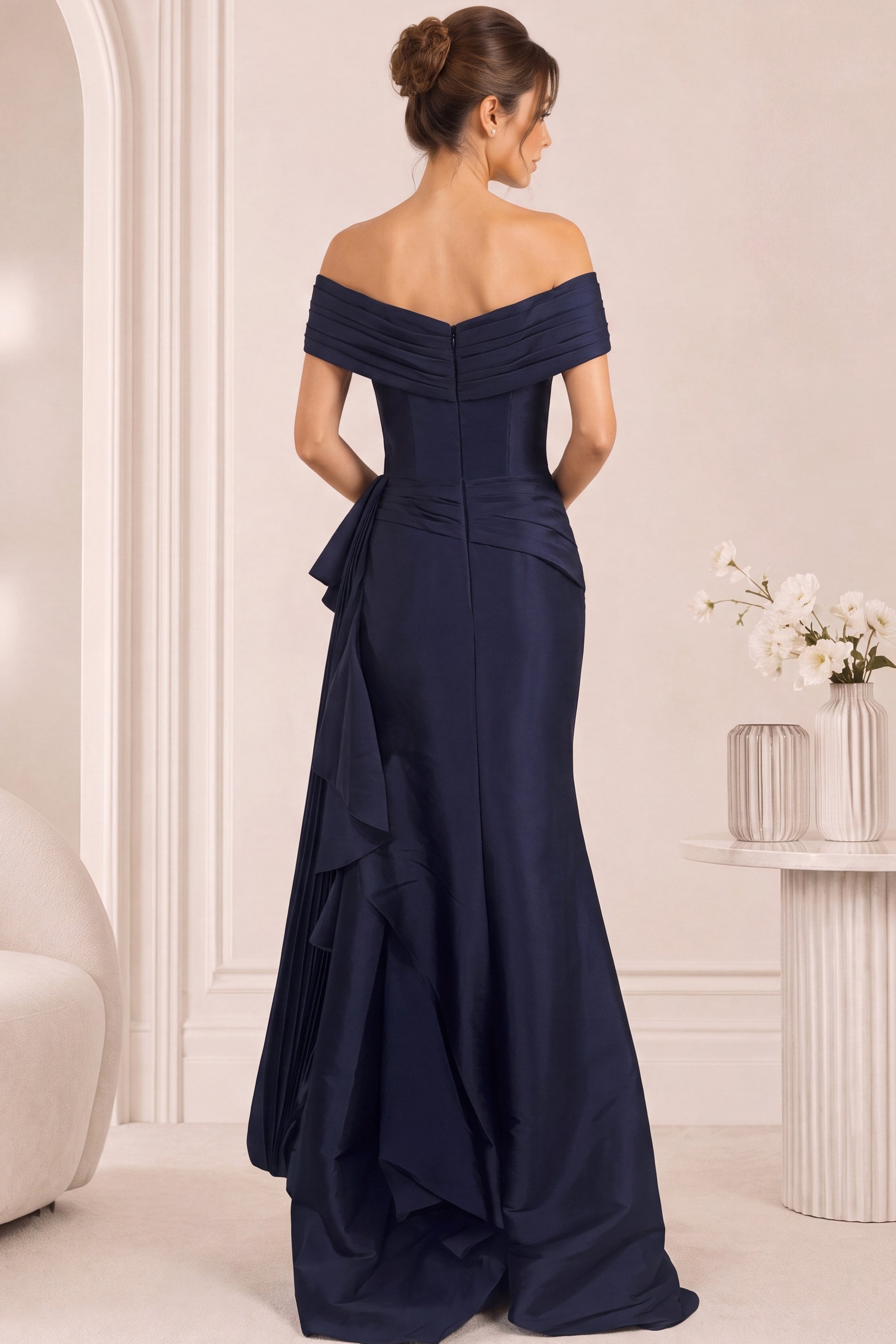back of off shoulder crepe evening dress 44524