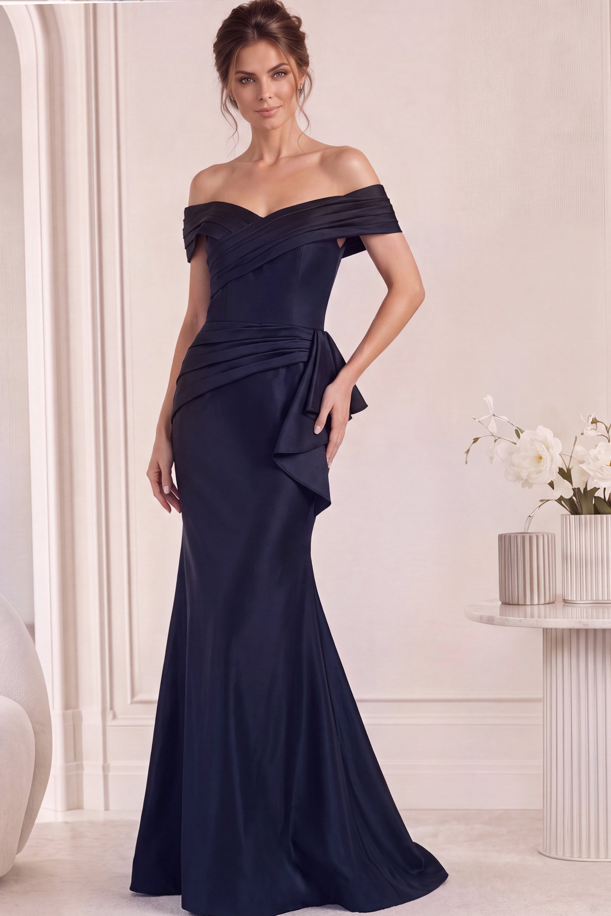 off shoulder navy mermaid dress