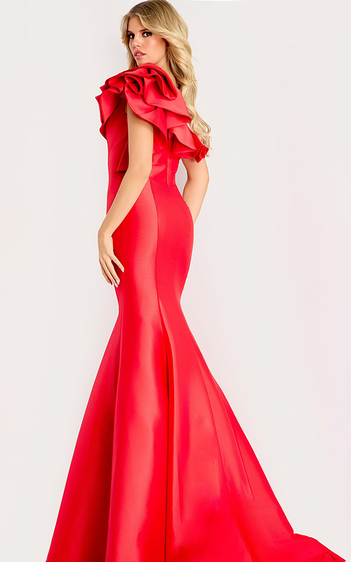 Elegant one shoulder gown with ruffled neckline