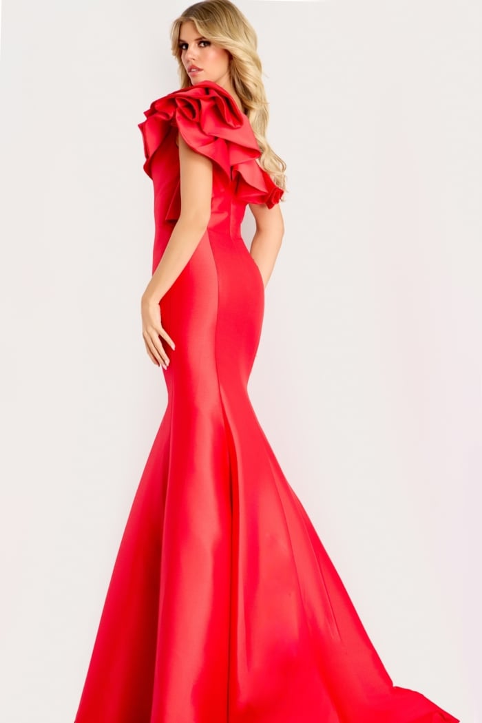 Elegant one shoulder gown with ruffled neckline