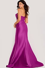 Strapless satin gown with a sleek fitted silhouette and subtle train, featuring a smooth back zipper closure.
